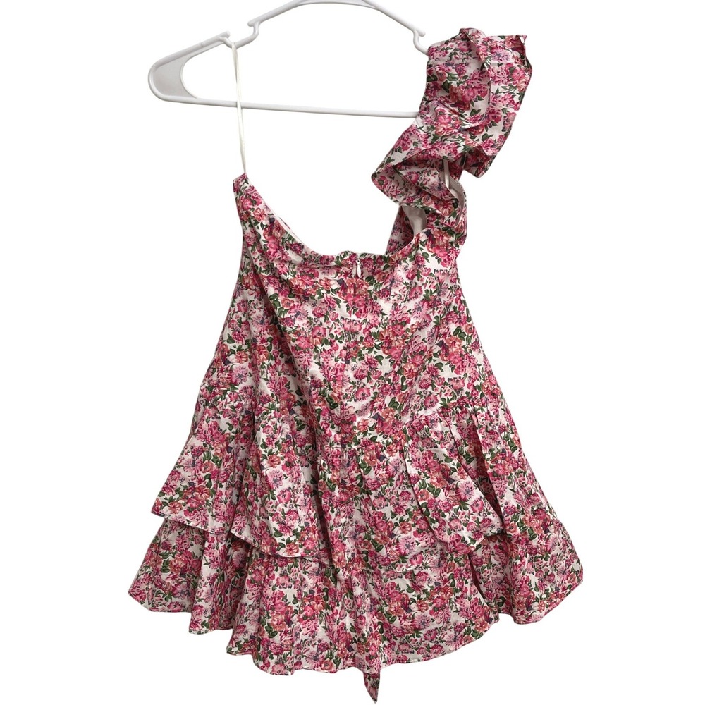 NWT Hello Molly Ruffled Out Dress Floral One Shoulder Ruffle Mini Dress Pink 8 - Picture 2 of 5
